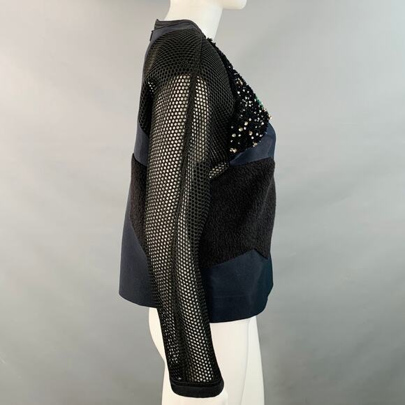 FENDI Fall 2014 Size 6 Navy Green Polyamide Blend Patchwork Back Zip Casual Top - Picture 6 of 13